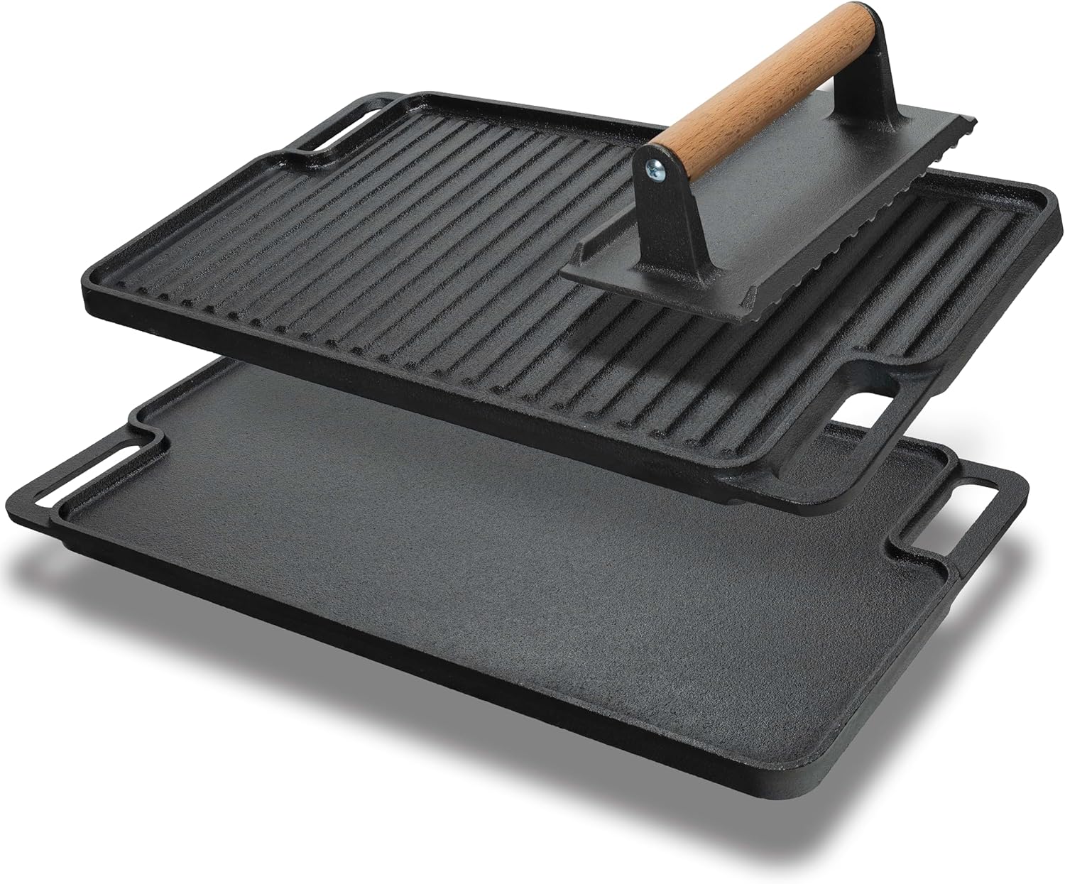 Pre-seasoned Cast Iron Griddle/Grill Reversible Combo Set + Protective Mitts, Grill Press & Scraper