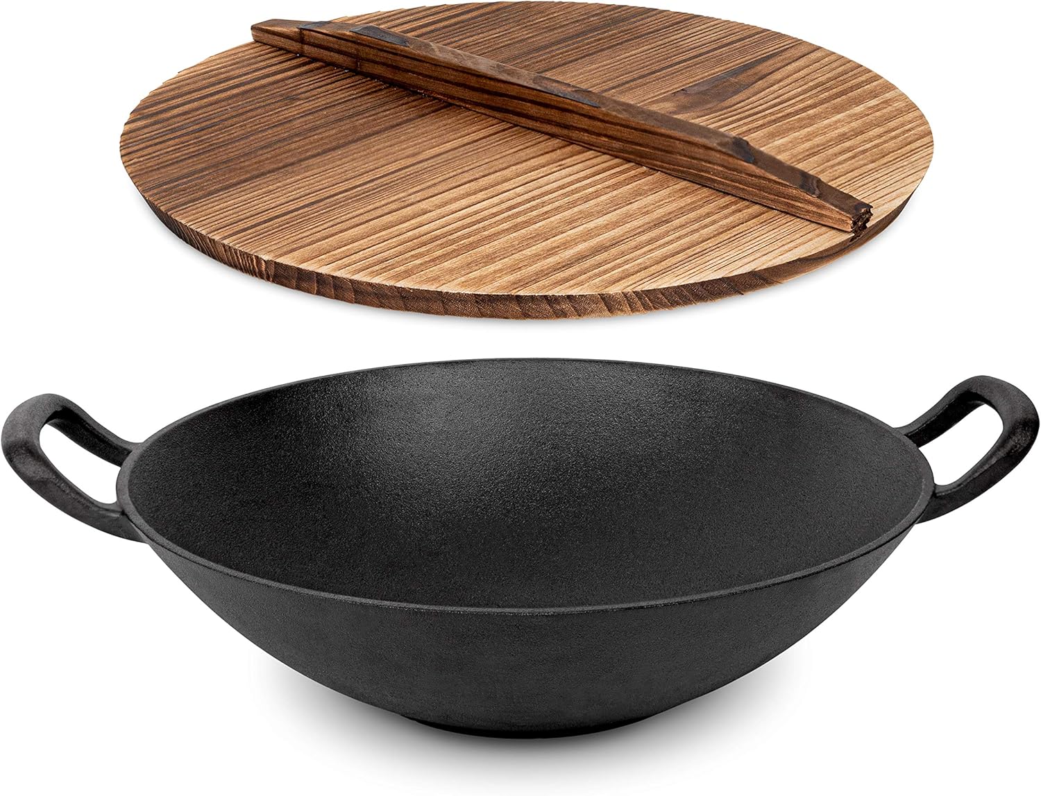 Pre-Seasoned Cast Iron Wok with 2 Handled and Wooden Lid